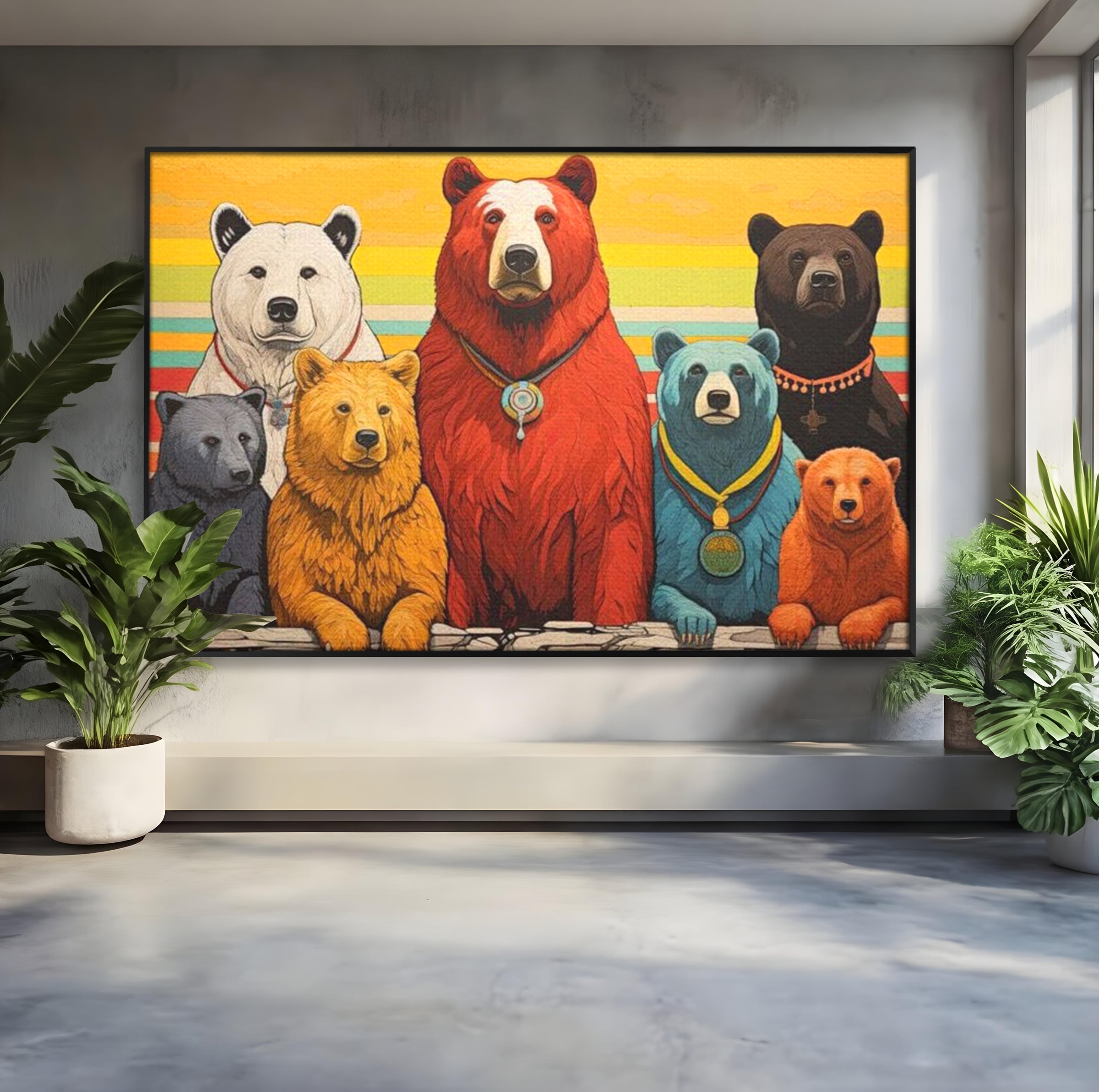 Tablou canvas cu ilustratie digitala cu ursi colorati, in rama de aluminiu negru